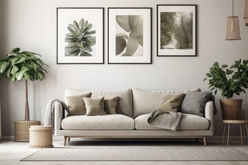 Modern living room décor includes a grey fabric sofa, white and green pillows, an empty picture frame on a beige wall, and a plant in a pot on a side table. Generative AI