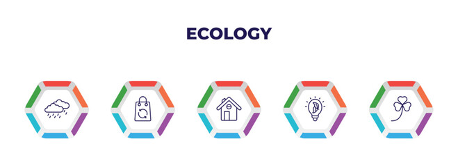 editable outline icons with infographic template. infographic for ecology concept. included raining, recycled bag, green home, eco light, shamrock icons.