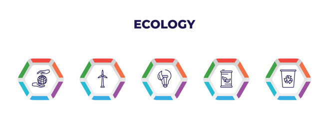 editable outline icons with infographic template. infographic for ecology concept. included save the earth, wind energy, eco bulb, eco fuel, recycle bin icons.