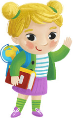 cartoon child kid girl pupil going to school learning with globe childhood illustration for kids