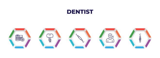 editable outline icons with infographic template. infographic for dentist concept. included gauze, dental prosthesis, periodontal scaler, sick boy, dental probe icons.