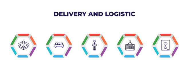 editable outline icons with infographic template. infographic for delivery and logistic concept. included package, moving, delivery man, container, fragile icons.