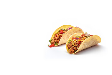 Mexican tacos with meat and vegetables isolated on white background with copy space. Created with Generative AI Technology