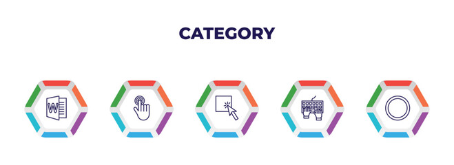 editable outline icons with infographic template. infographic for category concept. included word, clicker, select, typing, circle icons.