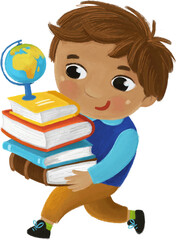 cartoon child kid boy pupil going to school with globe learning childhood illustration for children