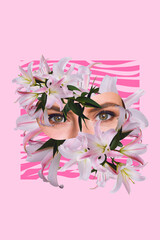 Vertical collage portrait of girl eyes watch look fresh lily flowers isolated on painted pink background
