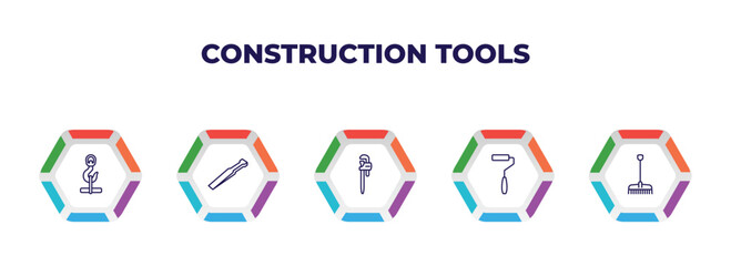 editable outline icons with infographic template. infographic for construction tools concept. included hook with cargo, wedge tool, stillson wrench, paint roller, gardening rake icons.