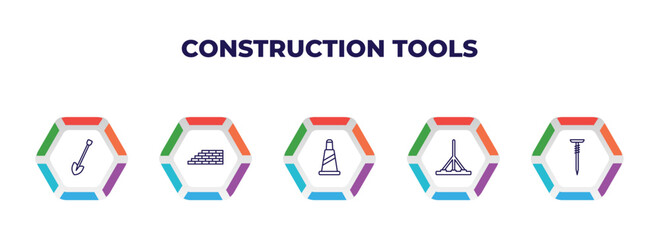 editable outline icons with infographic template. infographic for construction tools concept. included spade tool, brick wall, traffic cone, bump cutter, nail icons.