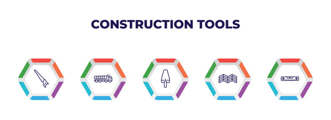 editable outline icons with infographic template. infographic for construction tools concept. included hand saw, dumper, gardening palette, parquet, plumb rule tool icons.