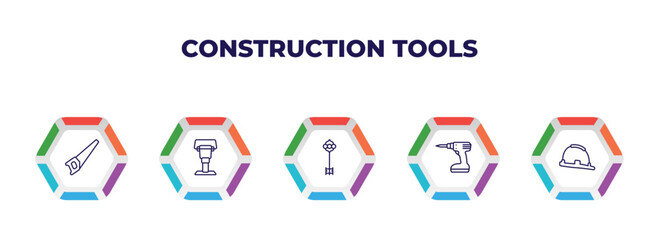 editable outline icons with infographic template. infographic for construction tools concept. included saw, rammer, antique key, cordless drill, safety helmet icons.