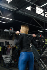 Fototapeta na wymiar Barbell press, woman and exercise for fitness, workout and sports training in gym. power and energy
