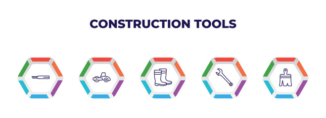 editable outline icons with infographic template. infographic for construction tools concept. included drawing, road roller, rubber boots, repair wrench, paint brush icons.