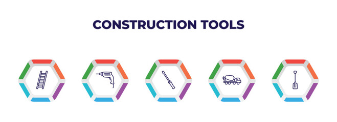 editable outline icons with infographic template. infographic for construction tools concept. included ladder, hand drill, repair screwdriver, concrete mixer, working shovel icons.