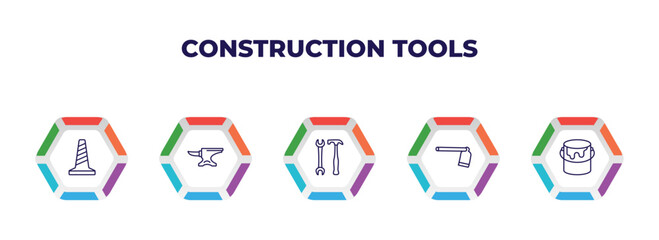 editable outline icons with infographic template. infographic for construction tools concept. included road construction, anvil, garage screwdriver, gardening digger, open paint bucket icons.