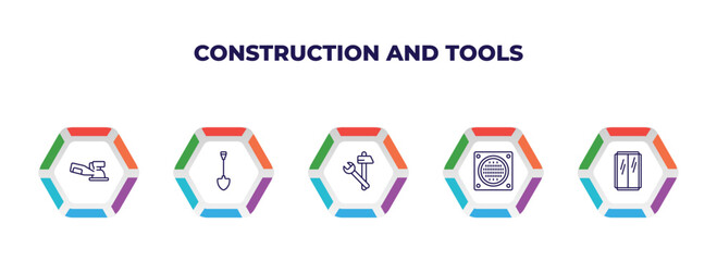 editable outline icons with infographic template. infographic for construction and tools concept. included sanding hine, spade, improvement, drain, glass wall icons.