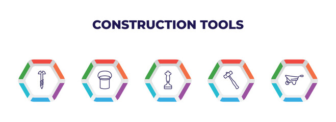 editable outline icons with infographic template. infographic for construction tools concept. included screw, bucket, bolster, sledge hammer, wheel barrow icons.