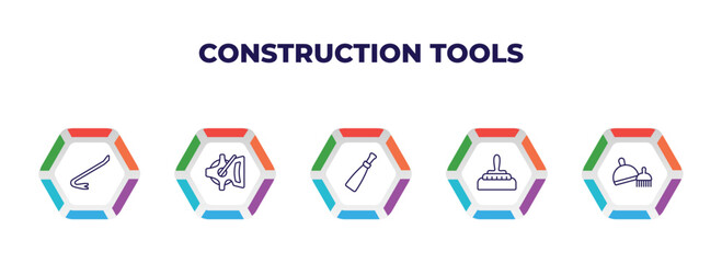 editable outline icons with infographic template. infographic for construction tools concept. included crowbar, open scale, putty knife, construction works, dustpan and brush icons.