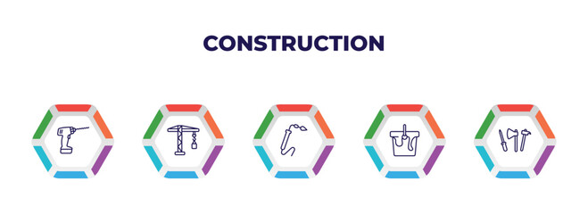 editable outline icons with infographic template. infographic for construction concept. included drill, crane, welding, paint bucket, tools icons.