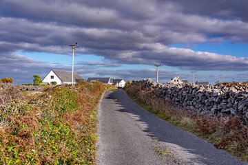 Fototapeta na wymiar Cloudy landscape with an old Irish cottage and stonewall in spring