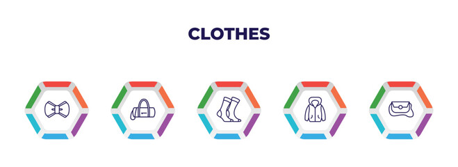 editable outline icons with infographic template. infographic for clothes concept. included bow tie, barrel handbag, women socks, hooded jacket, messenger bag icons.