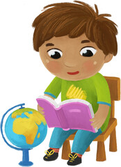 cartoon child kid boy pupil going to school with globe learning childhood illustration for children