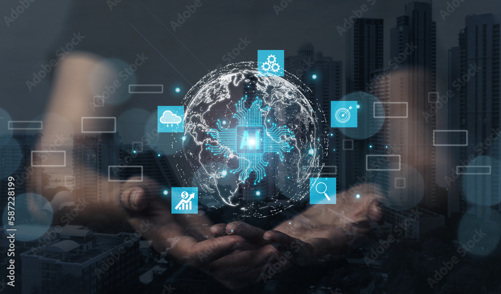 Poster the world of the future, connecting data with internet technology. a huge source of information that