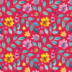 Seamless pattern of watercolor pink and yellow flowers and blue green leaves. Hand drawn illustration. Botanical hand painted floral elements on Viva Magenta background.