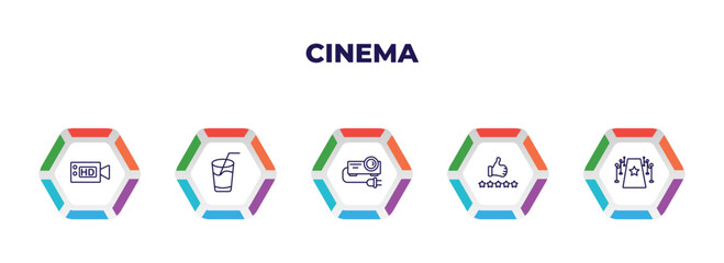 editable outline icons with infographic template. infographic for cinema concept. included hd video, drink with straw, projector with plug, thumb up star, red carpet icons.