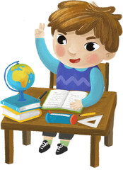 cartoon child kid boy pupil going to school learning reading by the desk with globe childhood illustration for kids