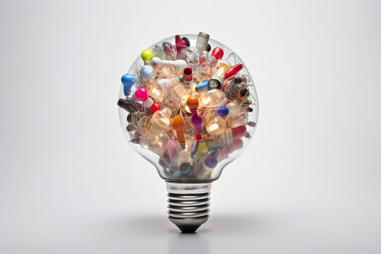 Creative brainstorming mindset concept, classic light bulb filled with colorful ideas, creative idea generation, generative AI