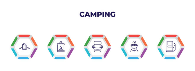 editable outline icons with infographic template. infographic for camping concept. included inflatable boat, fire lamp, folding chair, grill, gasoline icons.