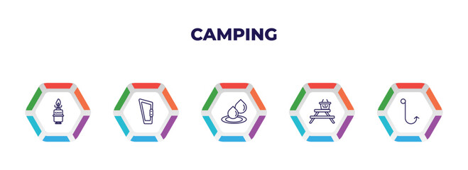 editable outline icons with infographic template. infographic for camping concept. included camping gas, carabiner, water, camp table, hook icons.