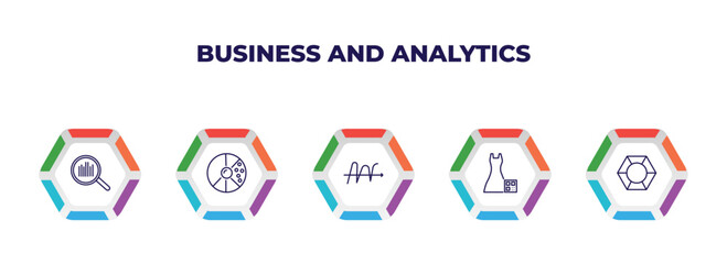 editable outline icons with infographic template. infographic for business and analytics concept. included search analytics, round value chart, wave chart, dress code, polygonal chart icons.