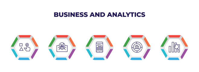 editable outline icons with infographic template. infographic for business and analytics concept. included variety, email analytics, mobile stock data, value chart, profit analysis icons.