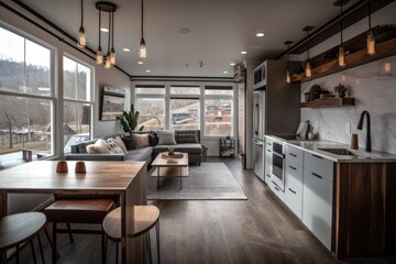 Chattanooga, Tennessee, USA, February 25, 2020 Contemporary living room and kitchen in little house. Generative AI