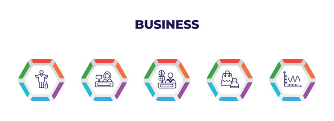 editable outline icons with infographic template. infographic for business concept. included man succesing, supermarket cashier, bank teller, two shopping bags, smooth line chart icons.