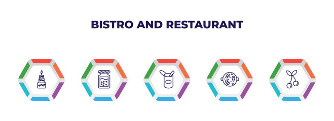editable outline icons with infographic template. infographic for bistro and restaurant concept. included three levels cake, jar full of food, open tin with spoon, paella with parwns, two cherries