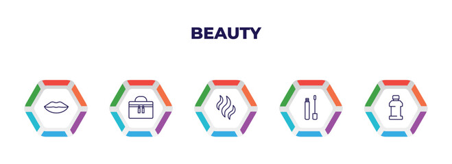 editable outline icons with infographic template. infographic for beauty concept. included lips, big makeup box, aroma, lip gloss, mouthwash icons.