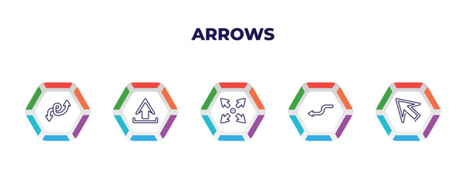 editable outline icons with infographic template. infographic for arrows concept. included double arrow, upload, expand, curved left arrow, diagonal arrows icons.