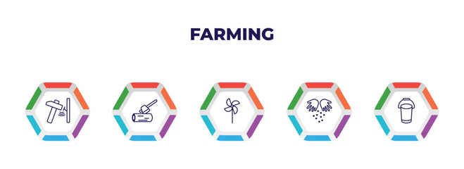 editable outline icons with infographic template. infographic for farming concept. included hammering, wood cutting, pinwheel, sprinkle, pail icons.