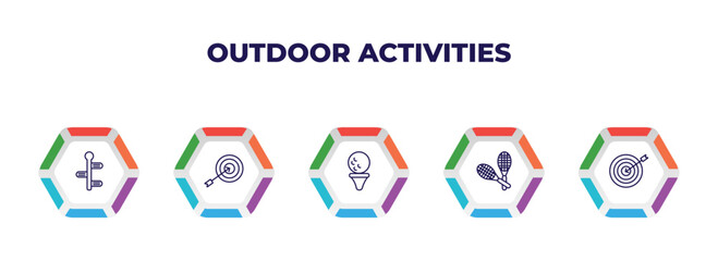 editable outline icons with infographic template. infographic for outdoor activities concept. included , dart, golf ball, racket, dartboard icons.