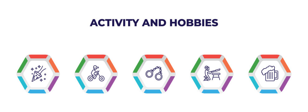 editable outline icons with infographic template. infographic for activity and hobbies concept. included party, biking, arrest, knife making, brewing icons.