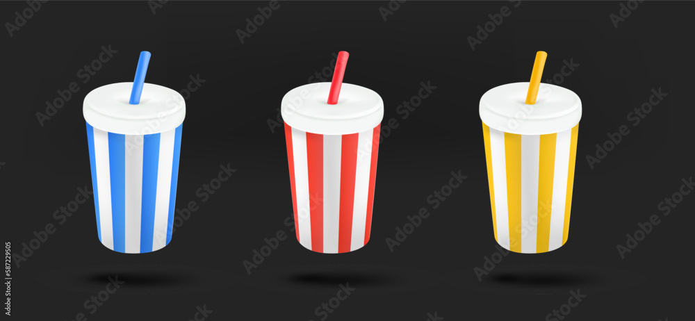 Poster different color paper cups icons collection. 3d vector isolated on black background