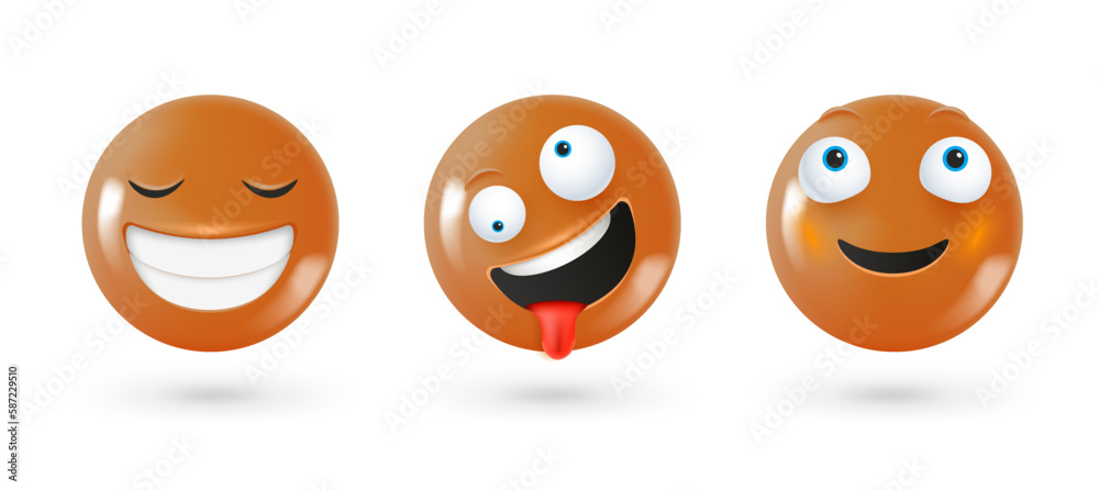 Poster different facial emoticons 3d vector set. emoji isolated on white background with shadow