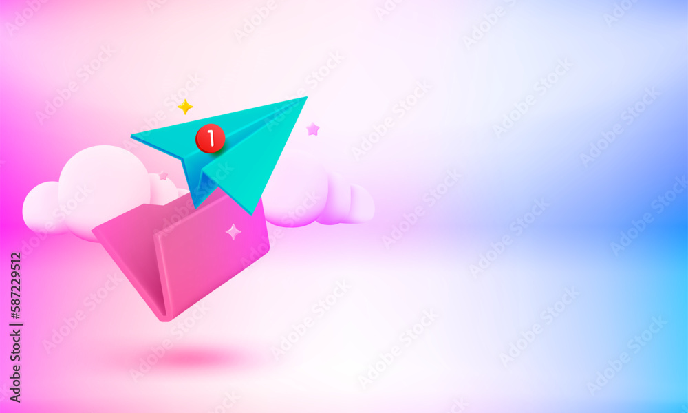Poster Folder with paper plane. New message concept. 3d vector banner with copy space
