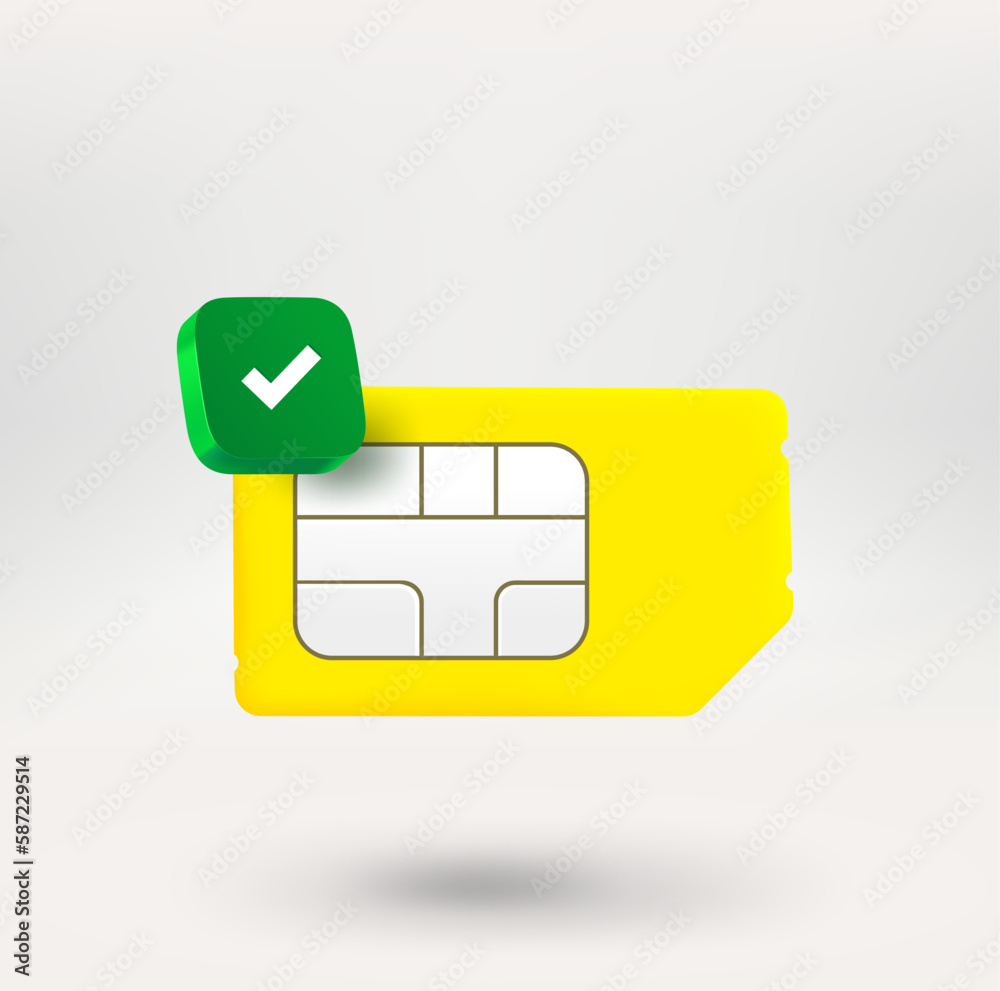 Poster mobile phone sim card icon with green check mark. 3d vector icon