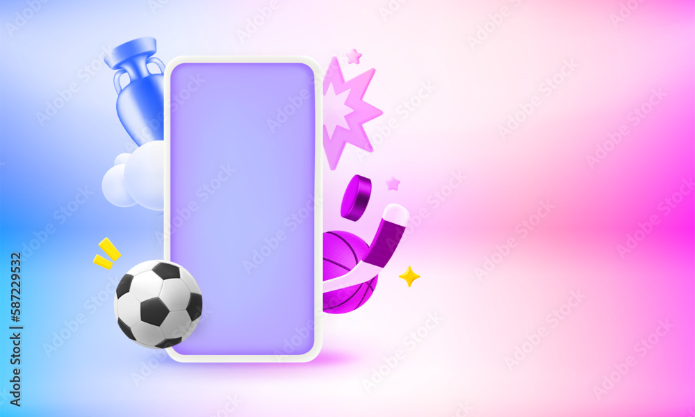 Poster modern smartphone with sports elements and blank screen. 3d vector banner with copy space