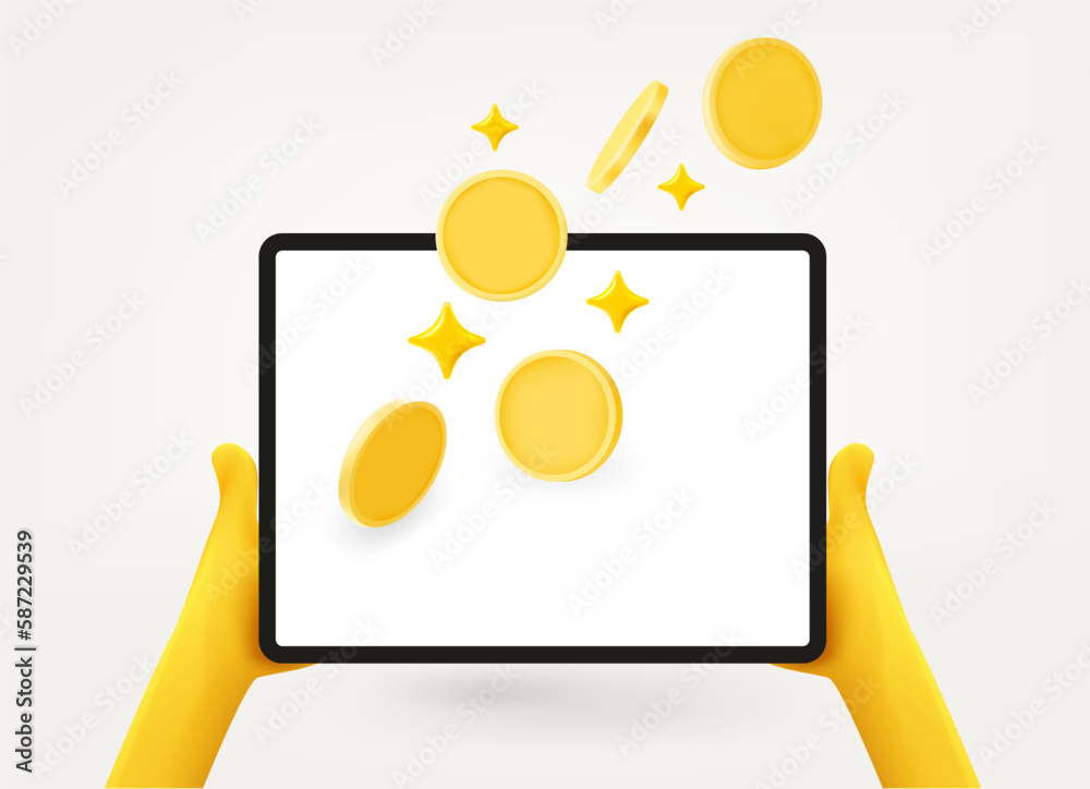 Poster receiving money via tablet computer concept. 3d vector illustration isolated on white background