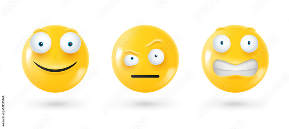 Poster different facial emoticons 3d vector set. emoji isolated on white background with shadow