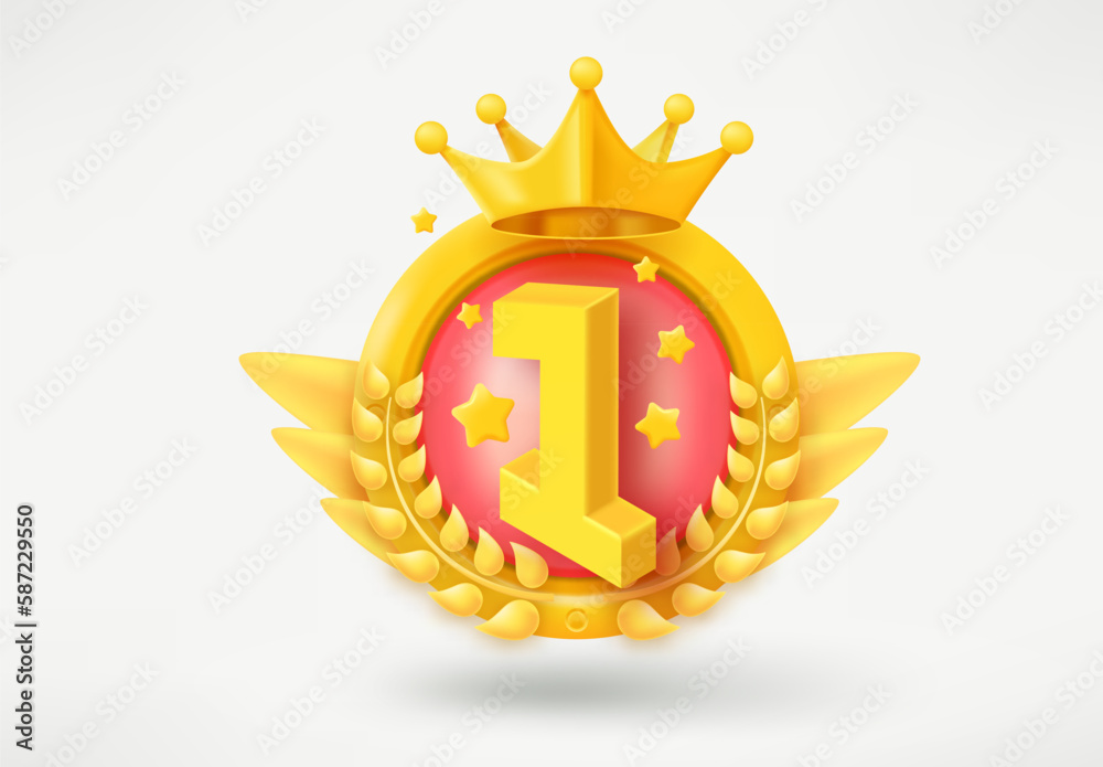 Poster game rank emblem with number 1 and wreaths. game achievement 3d badge isolated on white background